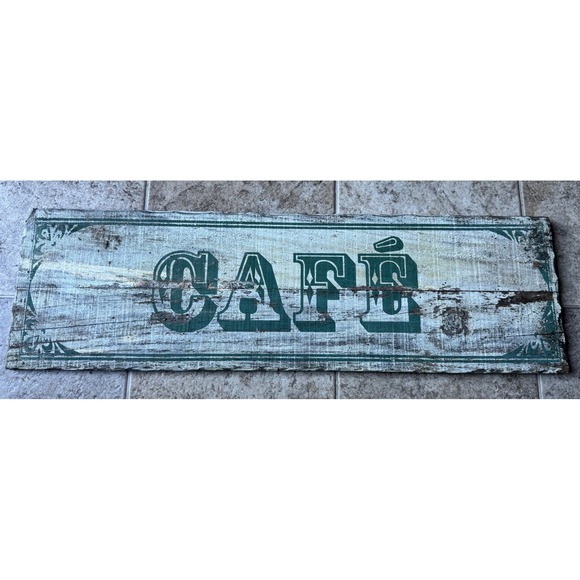Weathered Gray Cafe Sign Wooden Green Letters - Picture 1 of 2